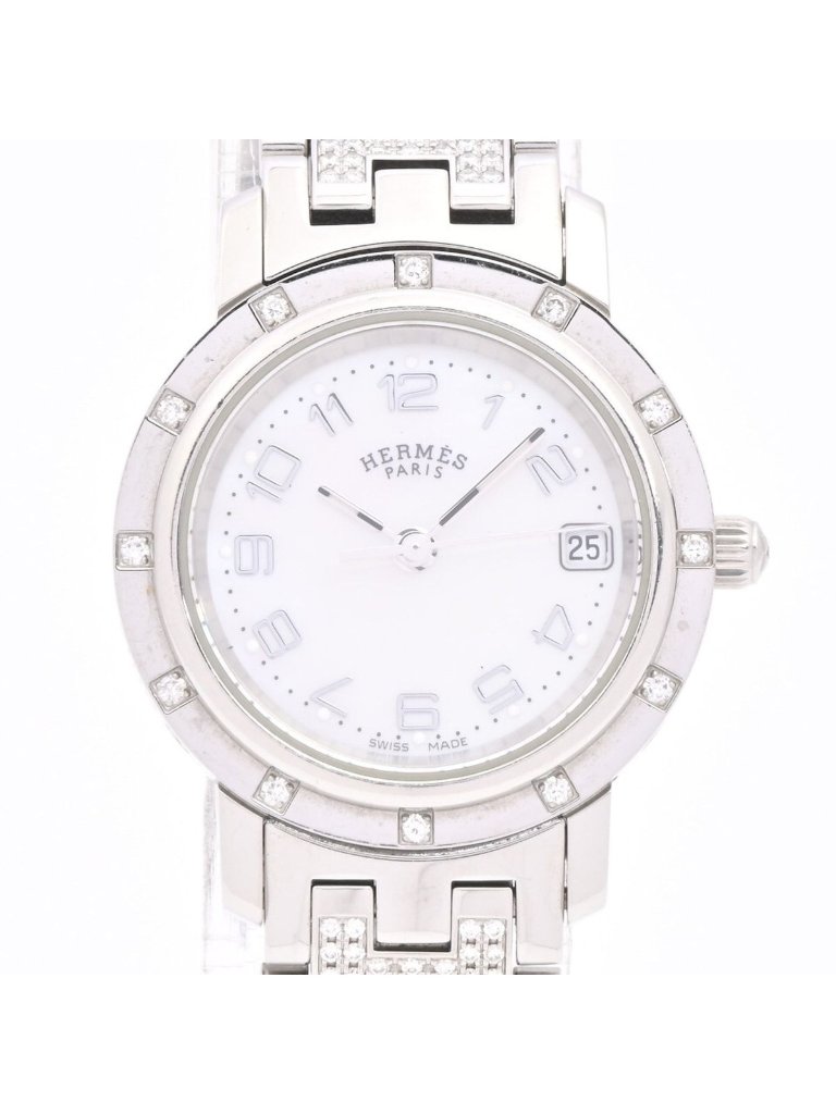 Hermes Watch Clipper Cles Diamond Bezel Pave Shell Dial Ss White